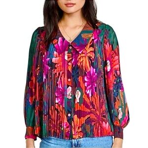 FARM RIO BIRD FLOWERS PLEATED BLOUSE SHIRT, XS
